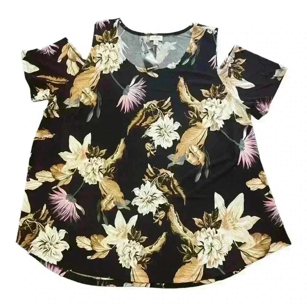 🆕City Chic Black Floral Cold Shoulder Print Top - Picture 6 of 13